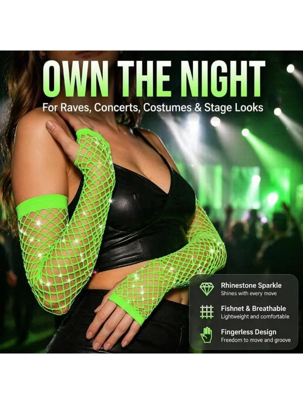 Women's Green Long Fishnet Fingerless Gloves Nylon Rhinestone 80s Party Cosplay